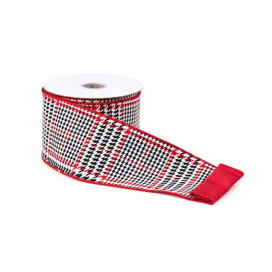 4" x 10yd. Red & Black Wired Houndstooth Plaid Cotton Ribbon